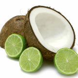 split coconut and sliced limes