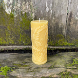molded beeswax candle tall pillar with fern pattern