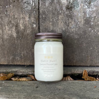 lemon pound cake soy candle in clear jar with metal lid