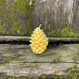 beeswax candle in shape of a pine cone outside